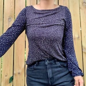 LOFT Navy Blue Polka Dot Long Sleeve Blouse